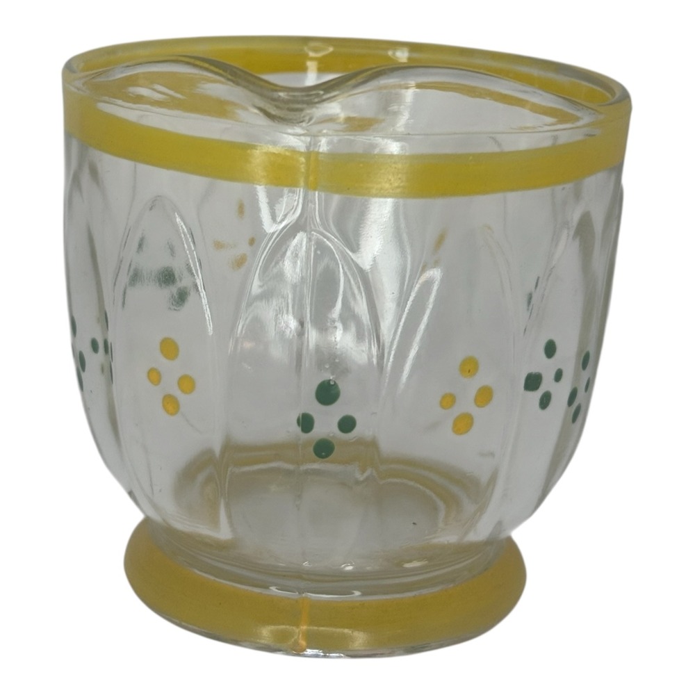 Vintage Hand Painted Glass Creamer Pitcher Yellow Green Dots Paneled Clear Glass - Picture 5 of 6